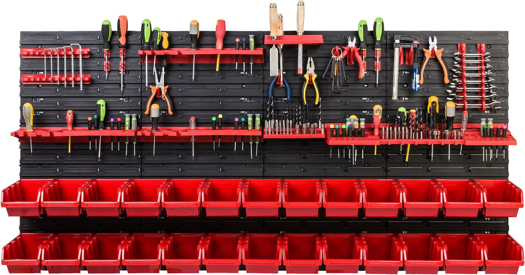 Lagersystem Werkstattregal | 156 x 78 cm | 26 stck. Box | Wandregal mit Werkzeughalterungen und Stap