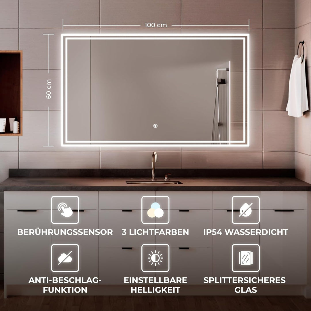 BR Bringer LED Badspiegel - 100x60 cm - Badezimmerspiegel mit Beleuchtung und Anti-Beschlag Funktion