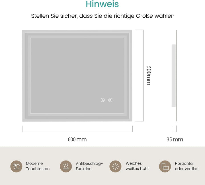 EMKE Badspiegel mit Beleuchtung 60x50cm, Badezimmerspiegel mit Touch, Antibeschlag, Kaltweiss Licht