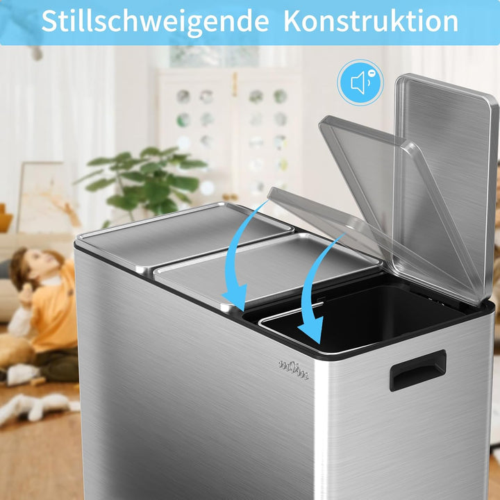 mVm Mülleimer Küche,45 Liter Treteimer,3 x 15 Liter Treteimer, 3 Fächer, Mülltrennsystem, Abfalleime
