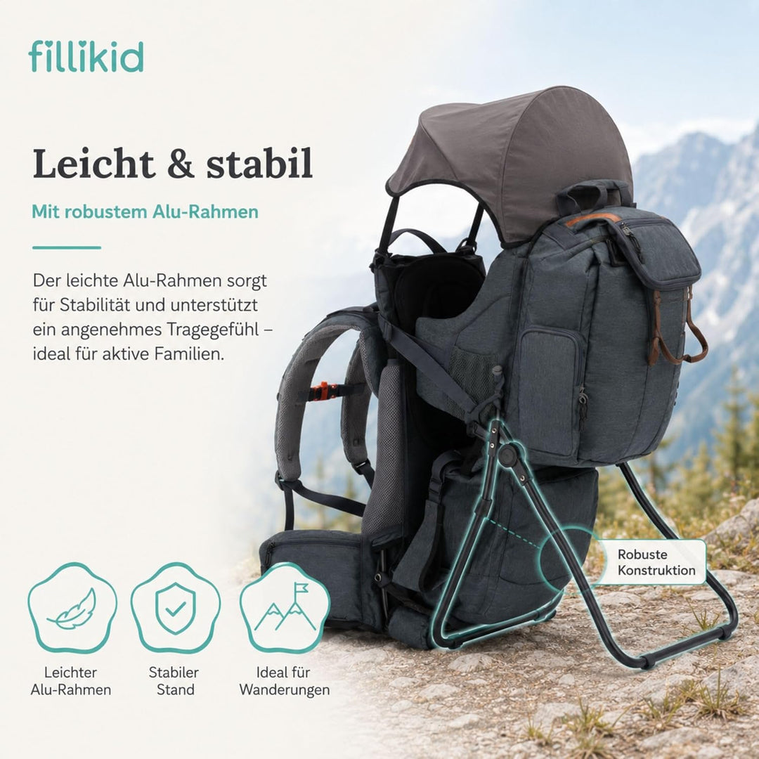 Fillikid Premium Babytrage Rückentrage Baby | Rücken Babytrage mit Sonnendach & grossen Staufächern