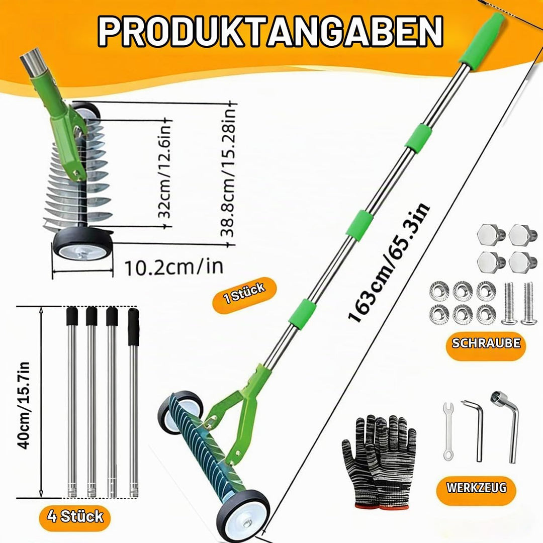 Handvertikutierer mit Stiel 163cm, Vertikutierer Hand mit Rollen, Vertikutierer Rechen, Metall Schne
