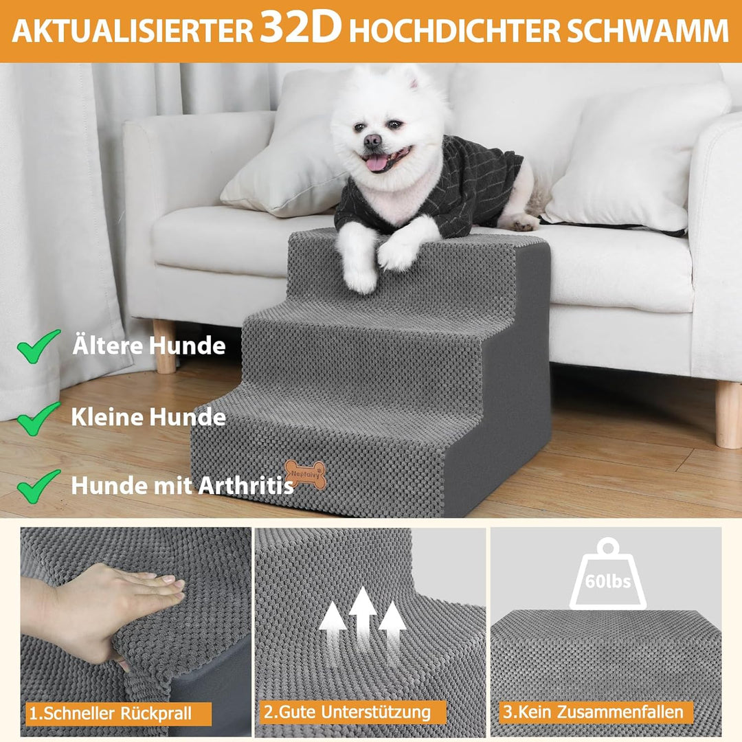 Nepfaivy Hundetreppe für Kleine Hunde 3-Stufig, Hundetreppe Hunderampe für Bett und Sofa aus Hochdic