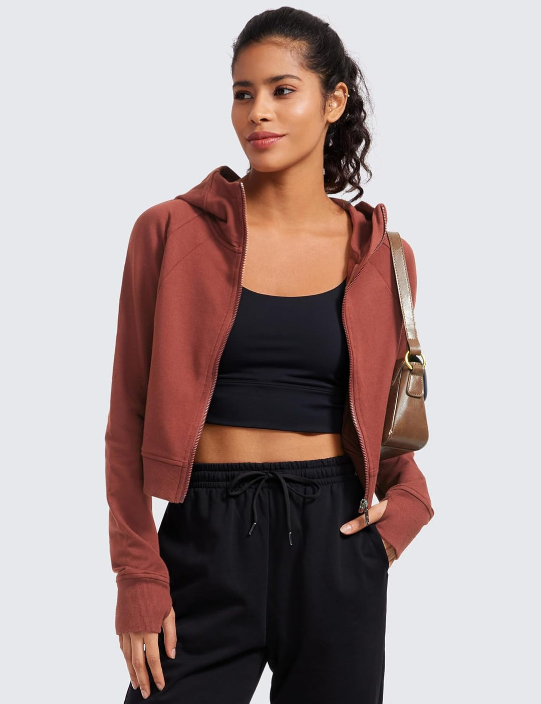 CRZ YOGA Damen Full Reissverschluss Fleece Hoodie Jacke Cropped Running Zip Up Laufjacke Workout Spo