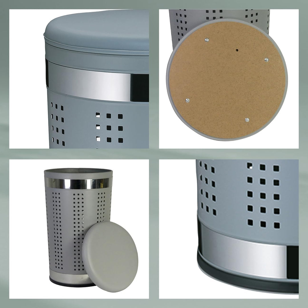 kela 21819 Wäschetruhe mit Sitzkissen, Rund, 60,5 cm Höhe, Metall, Sevilla, Hellgrau Hellgrau Metall