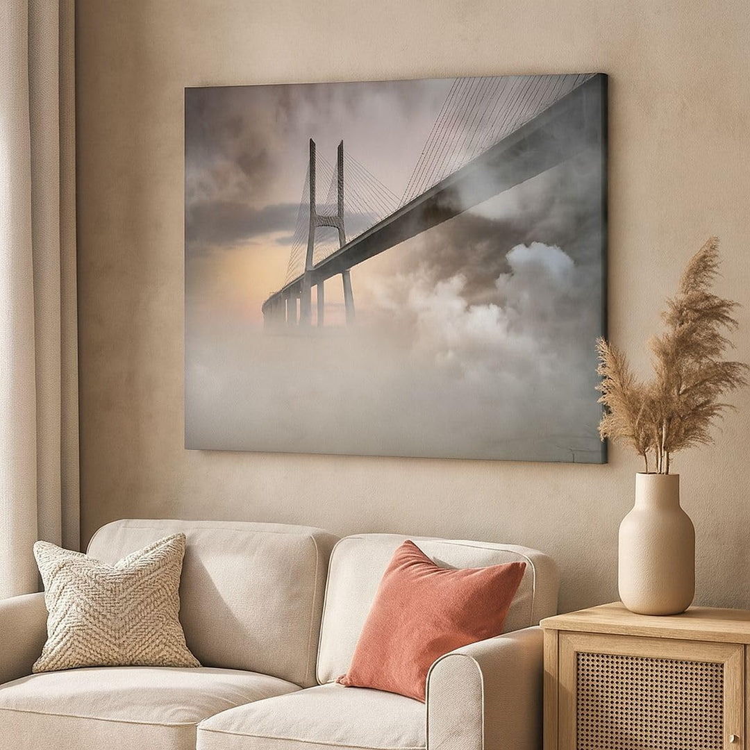 Bilder auf Leinwand 100x70cm Leinwandbild mit Rahmen Brücke Nebel Wasser Gross Wanddeko Bild Schlafz