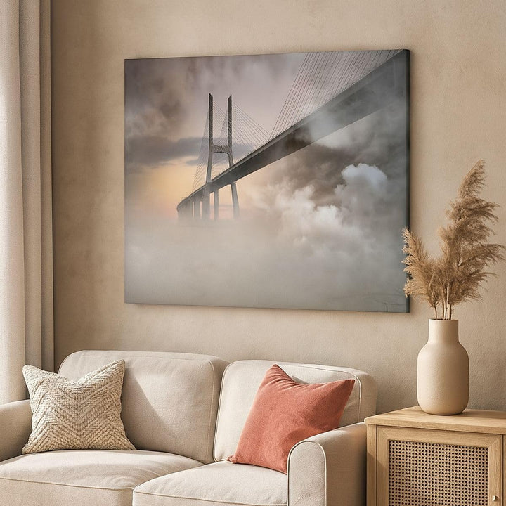 Bilder auf Leinwand 100x70cm Leinwandbild mit Rahmen Brücke Nebel Wasser Gross Wanddeko Bild Schlafz