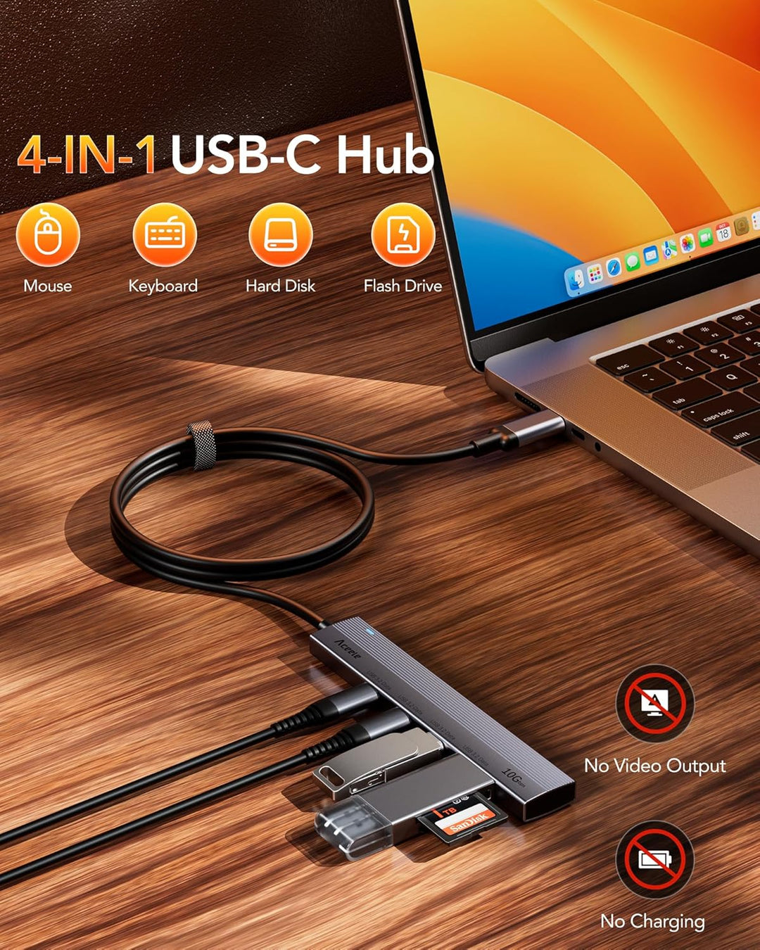 Aceele USB C Hub 3.2 Gen 2 Splitter mit 4 USB-C-Anschlüssen, USB 3.2 Datenhub mit 60 cm Kabel, geeig