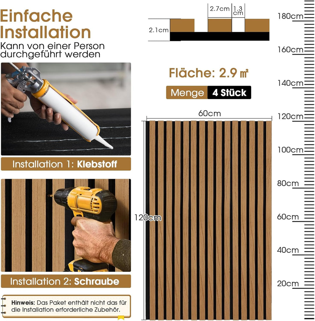 Akustikpaneele Holz, 4 Stück 120x60cm (2,88㎡), Wandpaneele Holzoptik, Hervorragende Schallabsorption