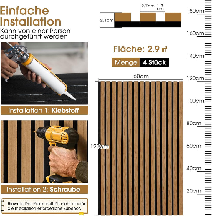 Akustikpaneele Holz, 4 Stück 120x60cm (2,88㎡), Wandpaneele Holzoptik, Hervorragende Schallabsorption
