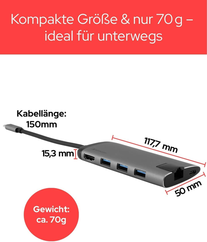 Verbatim USB-C Adapter USB 3.1 GEN 1/USB, 49142 Multiport-Hub HDMI/SDHC/MicroSDHC/RJ45, Multiport-Hu