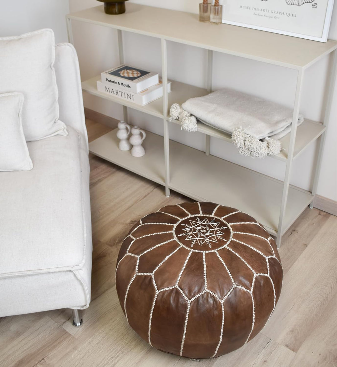 Poufs&Pillows Handgefertigter Sitzhocker aus Leder, gefüllt, Holz, Braun Wood Brown, Wood Brown