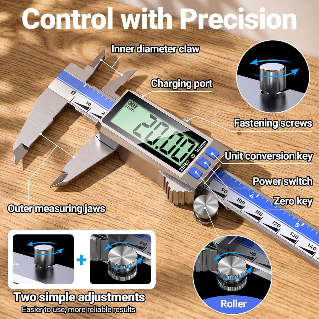 Preciva Digitaler Messschieber 200mm Wiederaufladbar, Edelstahl Schieblehre Digital mit LCD-Display,