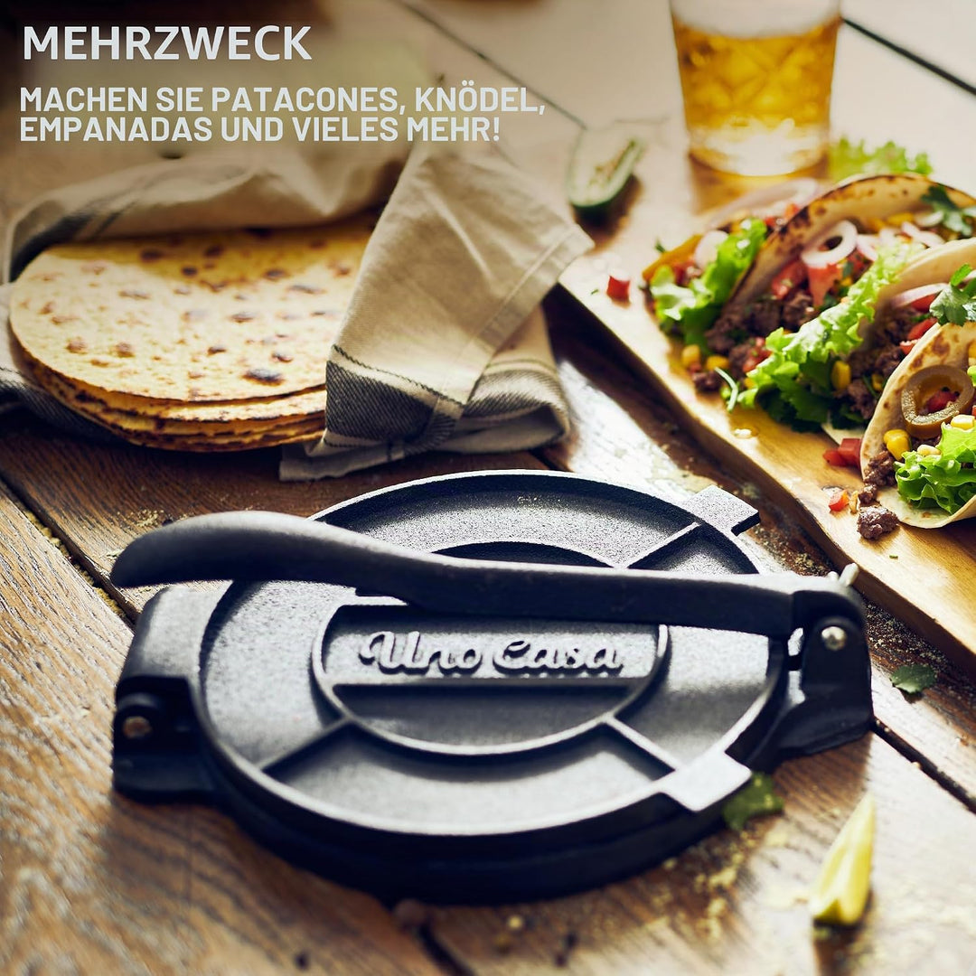 Uno Casa Tortilla-Presse aus Gusseisen, 20,3 cm, mit Tortilla-Wärmer – Set mit vorbehandeltem Quesad
