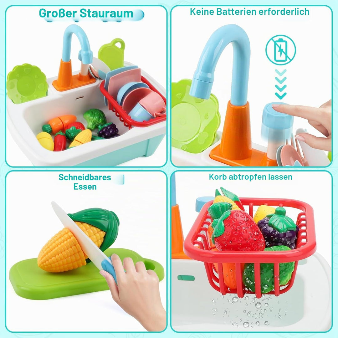 deAO Kinderwaschbecken mit echtem Wasser – Spielküche mit Spüle und Zubehör, Lernspielzeug für Kinde