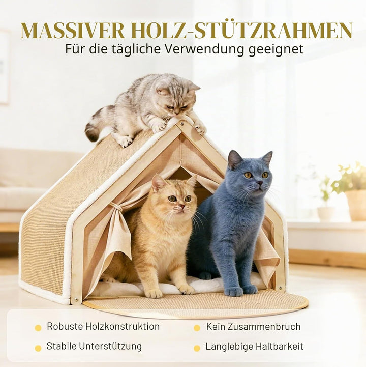 2-in-1 Katzenhaus Mit Kratzbrett Aus Holz, Katzenzelt Indoor Mit Sisal Kratzfläche Und Weichem Plüsc