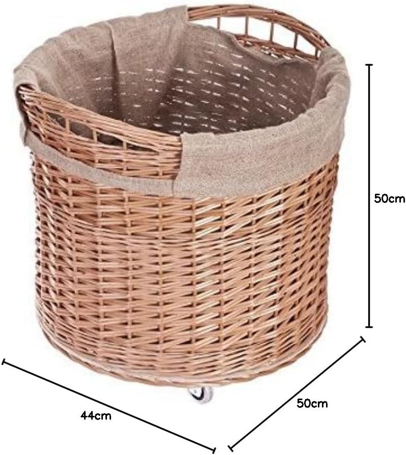 Vollweidener Kaminkorb, rund, Rollkorb aus Weide, Rollkorb für Kaminholz, Rollkorb mit Jutebezug Hol