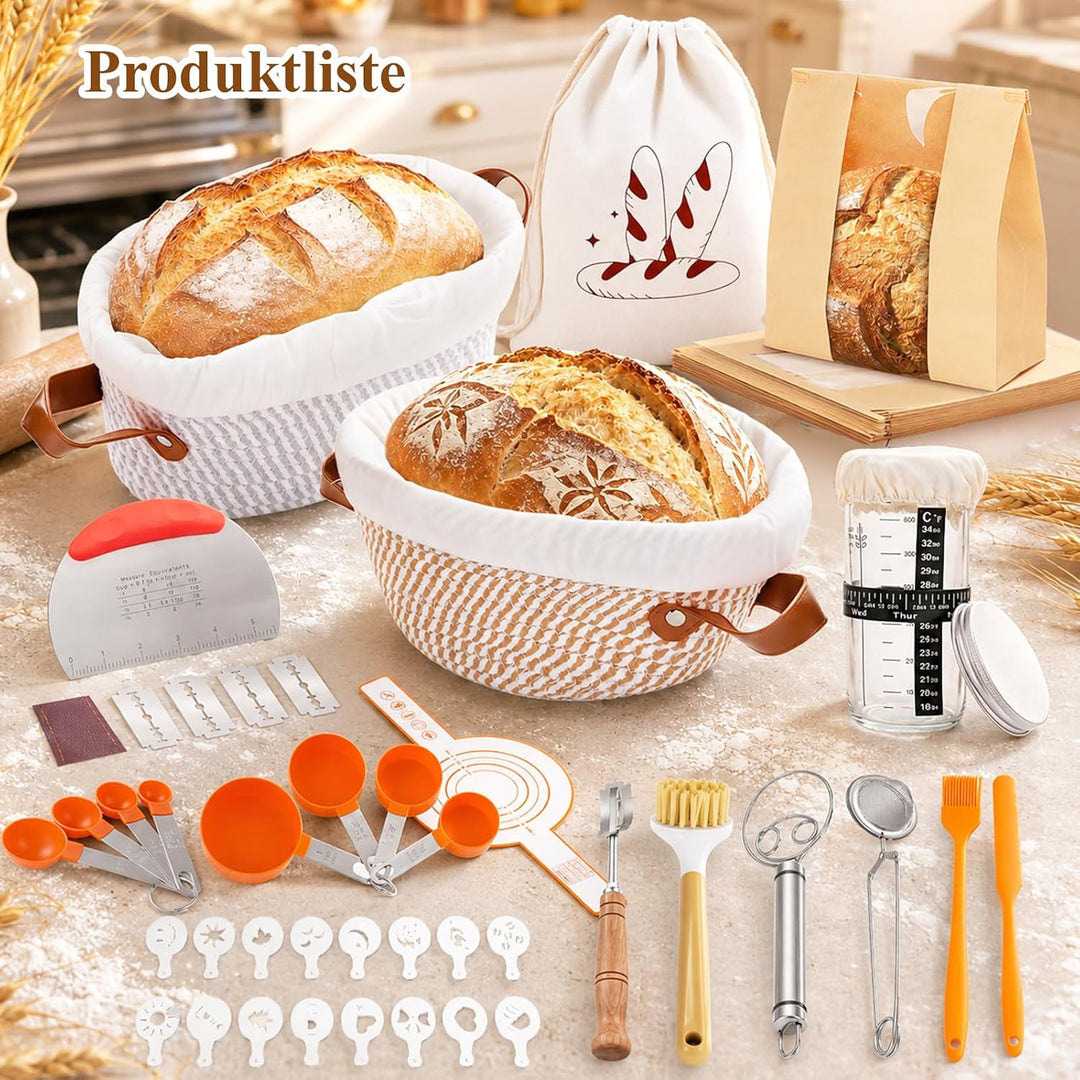 Gärkörbchen Sauerteig Starter Set, 2 Gärkorb (25cm Ovale & 23cm Runde), Brotbackset mit Sauerteig-Gl
