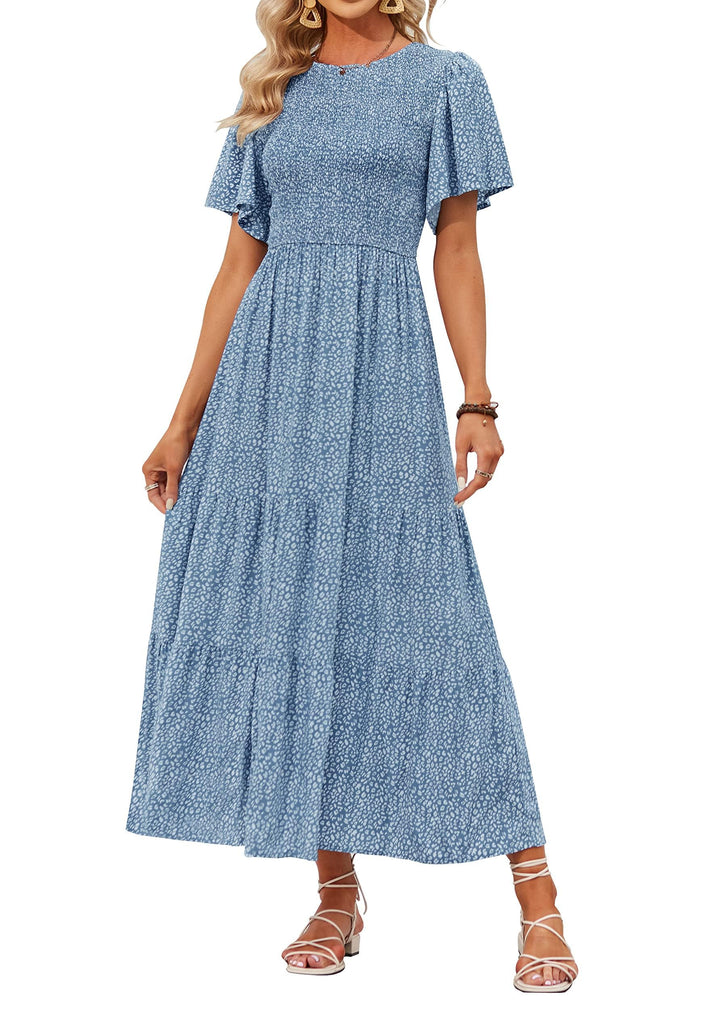 Zesica Damen-Maxikleid, Sommer, lässig, Blumendruck, kurze Flatterärmel, Rundhalsausschnitt, gesmokt