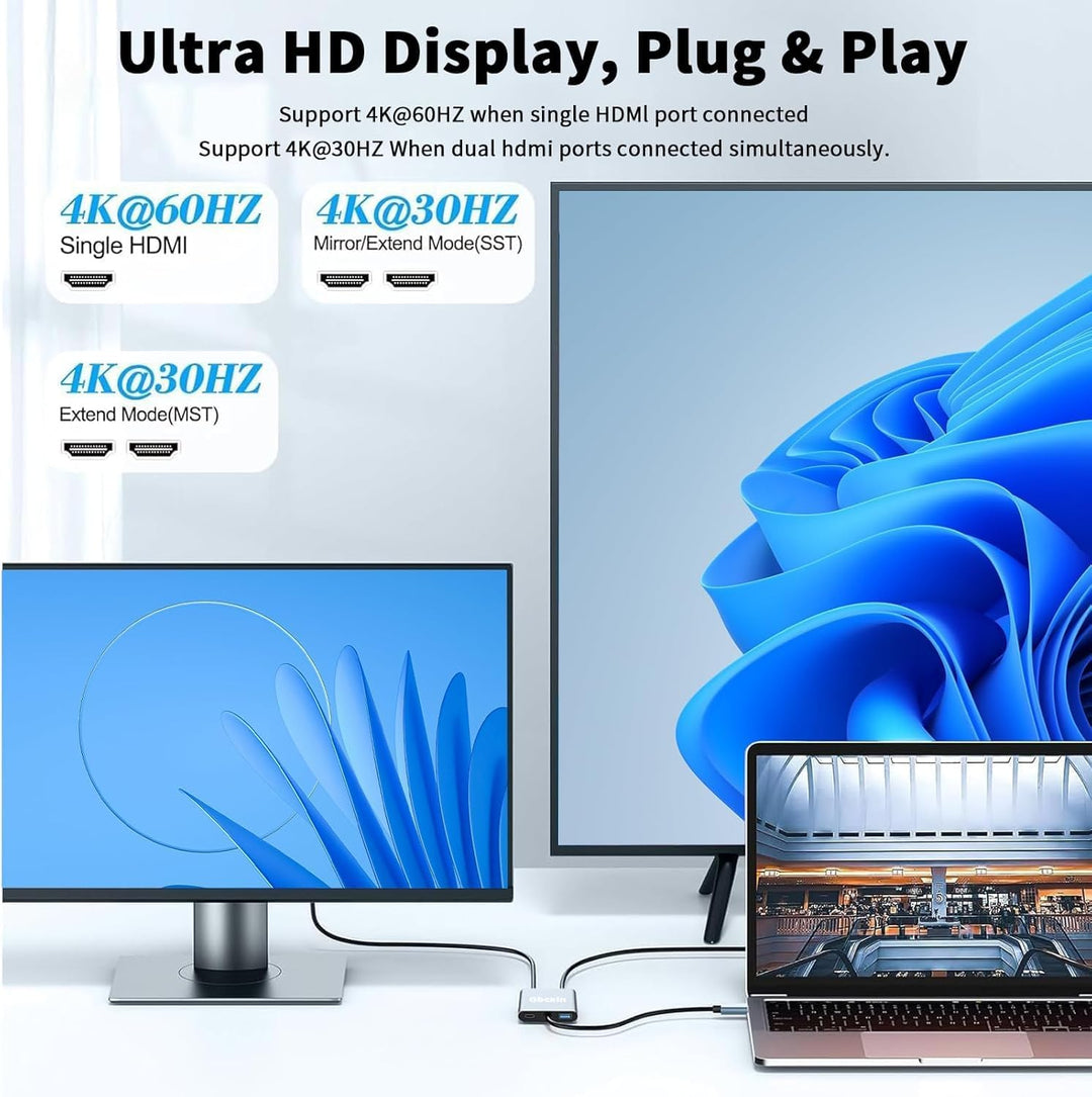 USB C auf Dual HDMI Adapter, 4 in 1 Typ C to HDMI Splitter for Dual Monitors mit 2 * 4K+USB 3.0+PD 1