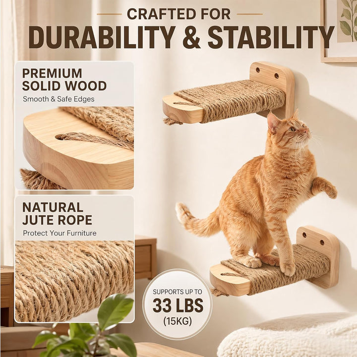 Katzentreppe Wand 2 Stück, Kletterwand Katzen, Katzenbretter mit Juteseil zum Kratzen, Katzentreppe