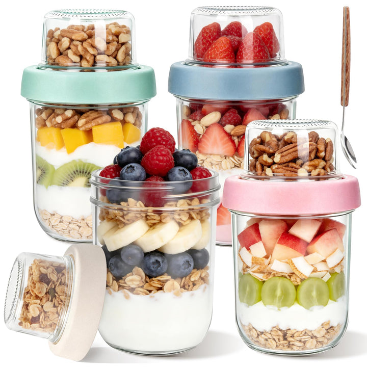 600ml Overnight Oats Gläser(480+120), 4 Pack Müslibecher to go - Doppelschicht Design,Trocken-Nass-T