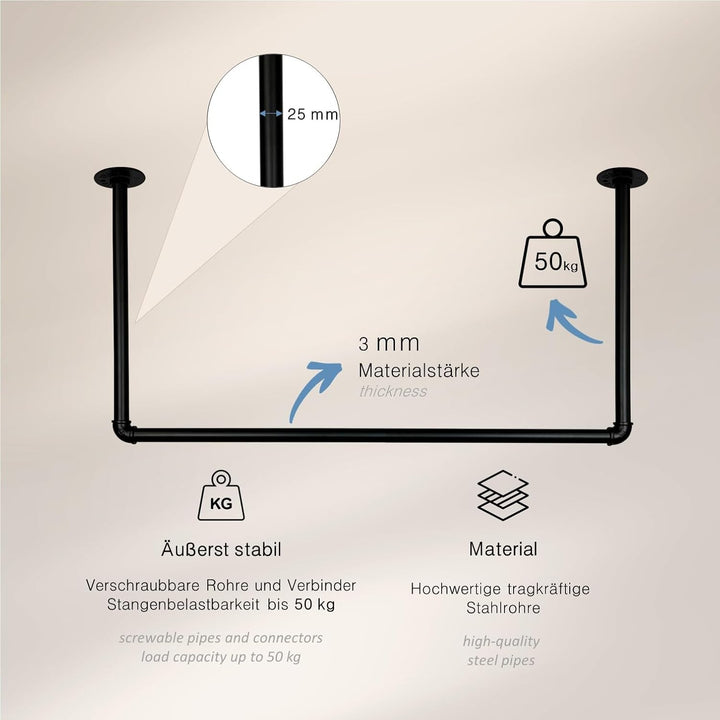 Kleiderstange Garderobe Industrie Design für Decke | Breite 60 cm x Höhe 50 cm | Deckenmontage | Gar