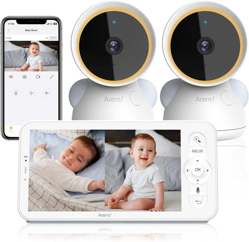 ARENTI Babyphone mit 2 Kamera und App 2K/3MP, 5 Zoll WiFi Video Babyphone PTZ 355°, Automatische Ver