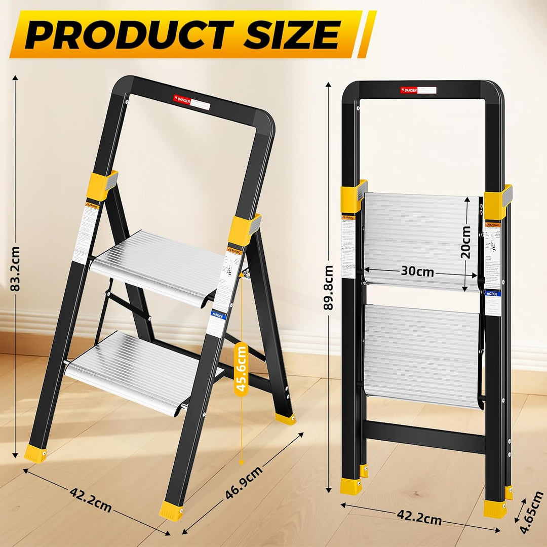 KINGRACK Trittleiter 2 Stufen Klappbar Aluminium, Klappleiter mit Handlauf, Haushaltsleiter Anti-Rut
