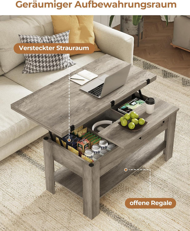 KIMENICH Couchtisch Höhenverstellbar, 3-in-1-Multifunktions-Wohnzimmertisch, Kaffeetisch, Versteckte