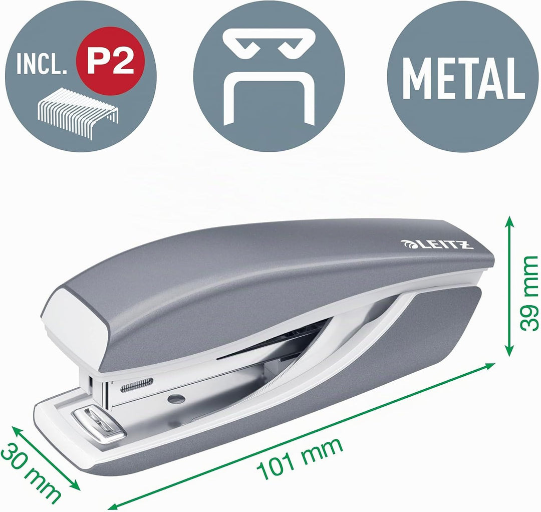 Leitz 55996062 Mini-Heftgerät-und Locher-Set (für bis zu 10 Blatt, Inkl. Heftklammern, WOW) metallic