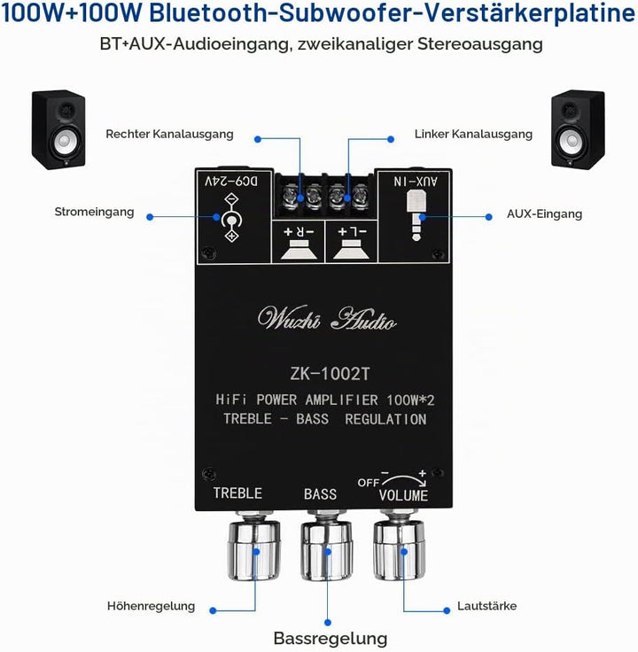 HiFi-Verstärker ZK-1002T Mini Bluetooth5.0 Verstärker Modul 2.0 Kanal 200W Stereo Audioverstärker DC