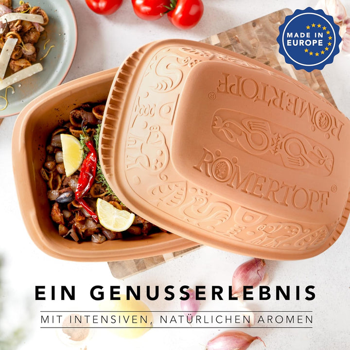 Römertopf Bräter Klassiker grosser Keramik Dampfgarer aus Naturton für bis zu 6 Personen 4 Liter, 4