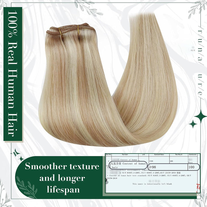 RUNATURE Clip in Extensions Echthaar Aschblond mit Platinblond Clip in Haarextension Echthaar Clips