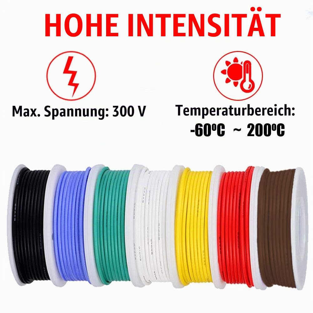 Youmile 24AWG Anschlusskabelset 24 Gauge Silikondraht 300V verzinnter Litzen-Elektrokabel 7 Farbe 10