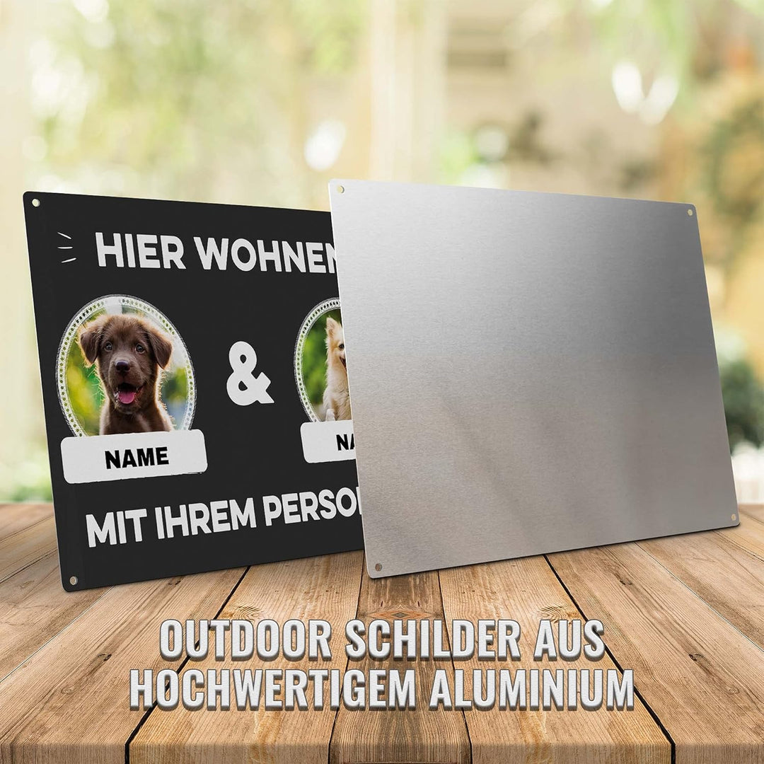 Hunde Schild personalisiert - Hier wohnt mit Personal - Metallschild mit Foto und Name für aussen, w