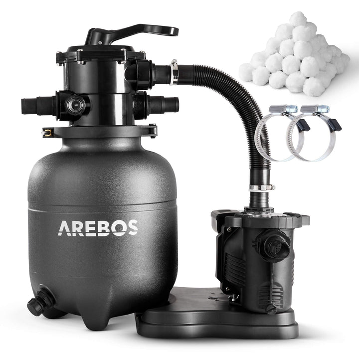 Arebos Sandfilteranlage mit Pumpe inkl. 1400g Filterbälle + 2m Schlauch | Schwarz | 400W | 10.200 L/