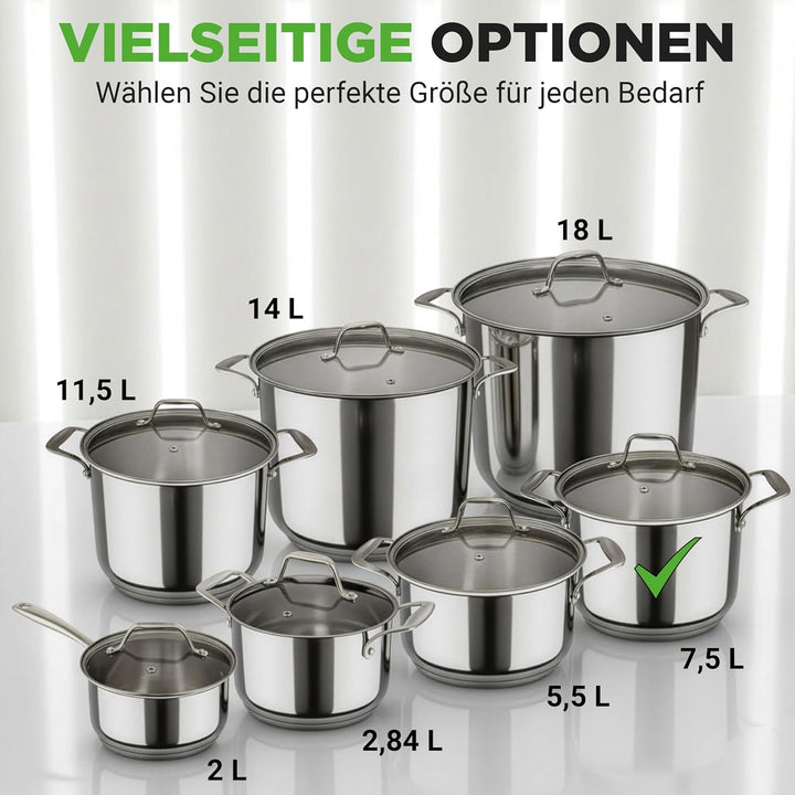 NutriChef Kochtopf gross, 8L Suppentopf Induktion aus Edelstahl mit Glasdeckel, 18/8 Grossraumtopf H