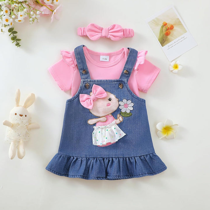 Baby Outfits für Mädchen mit Herz Print kurzärmelig Strampler Hosenträgerrock Bären Kleid Schleife S