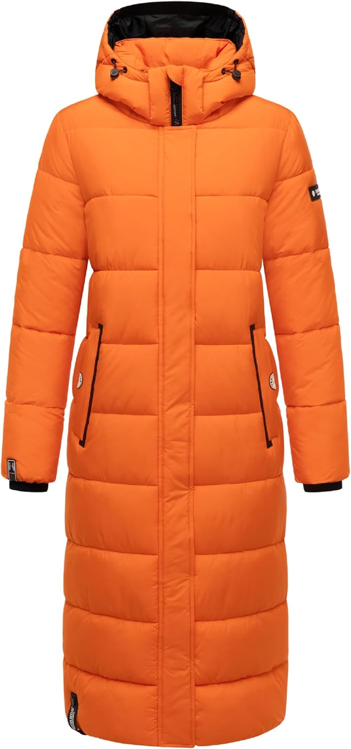 Navahoo Damen Wintermantel Warmer Steppmantel lang mit Abnehmbarer Kapuze Isalie XS-3XL XS Orange, X
