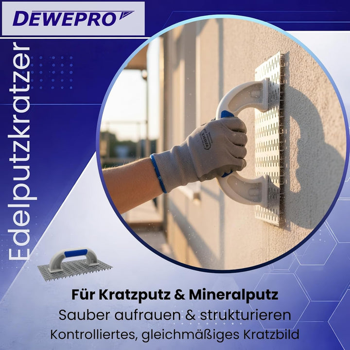 DEWEPRO Edelputzkratzer 250 x 130 mm für Mineralputz | Putzkratzer mit gezahnter Metallplatte, ca. 7