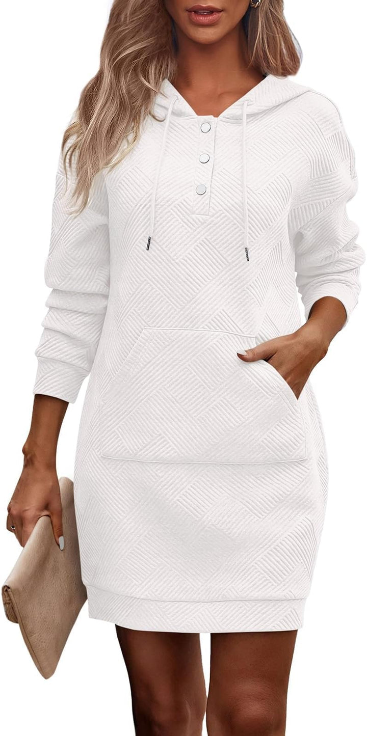 TrendiMax Damen Hoodie Kleid Herbst Übergangs Kapuzenpullover Sweatkleid Textur Knopf Langarm Sweats