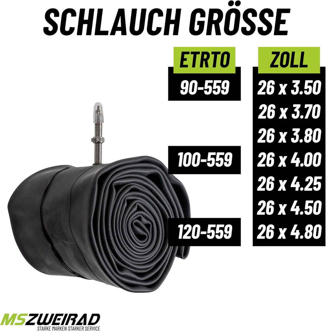 2er Set Schwalbe Fahrrad Schlauch SV13J Fatbike 40mm 26 Zoll (90/120-559) inklusive 3 MSZweirad Reif