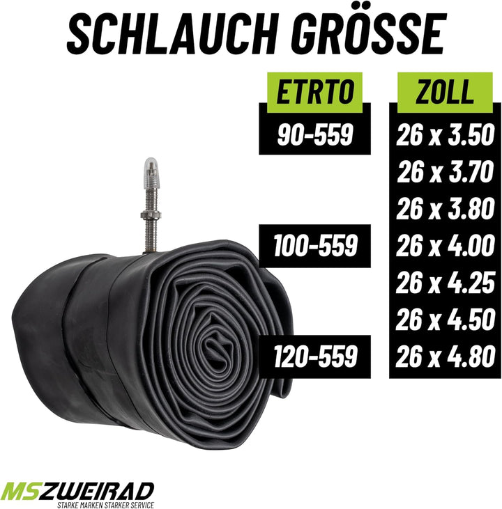 2er Set Schwalbe Fahrrad Schlauch SV13J Fatbike 40mm 26 Zoll (90/120-559) inklusive 3 MSZweirad Reif