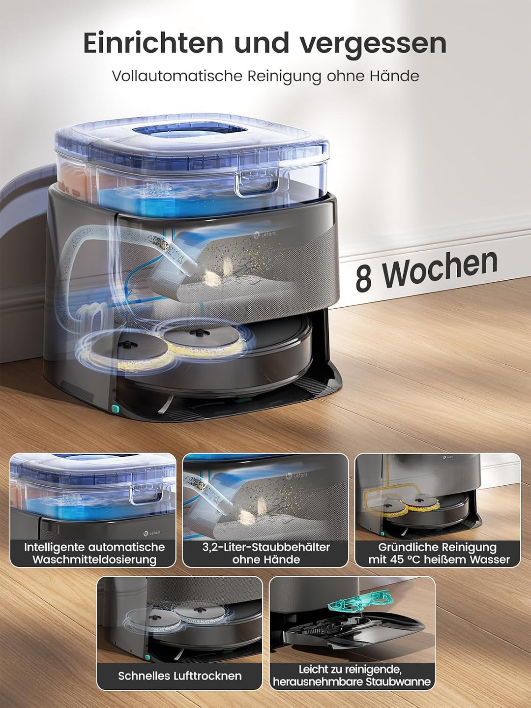 Lefant M3 Saugroboter und Bodenwischer mit Kartierung, Laser dToF 360°, 12000Pa, All-in-One-Station,