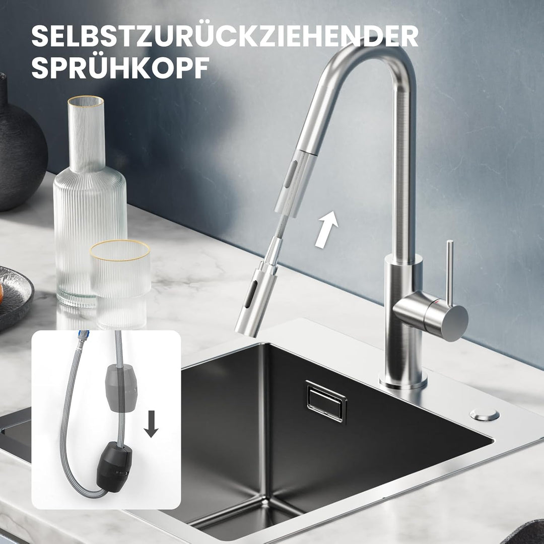 CECIPA Wasserhahn Küche, Hochdruck Küchenarmatur mit Brause Ausziehbar, V-förmiger Armatur Edelstahl