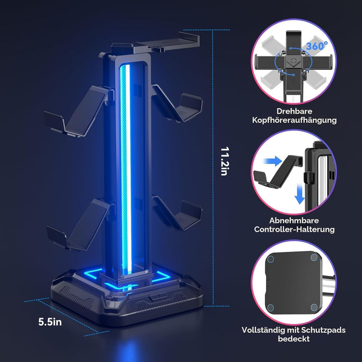 KDD Gaming Kopfhörer Ständer Led mit 9 Lichtmodi - Drehbarer Headset Halterung Tisch mit Abnehmbarer
