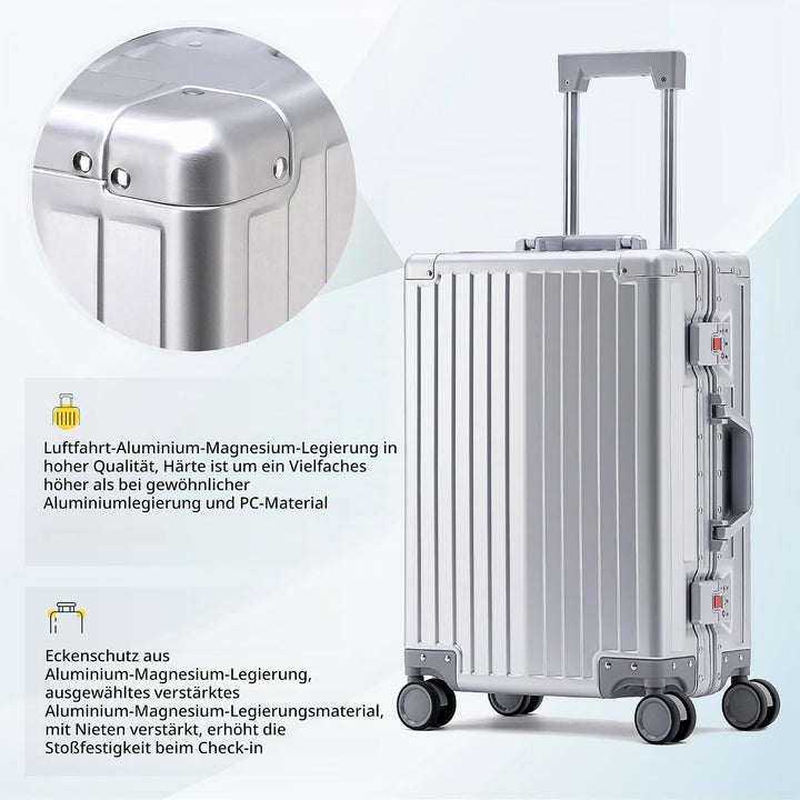 Simcat 100% Aluminium Koffer Handgepäck – Premium Hartschalenkoffer mit TSA-Schloss &amp; 4 leise Doppel