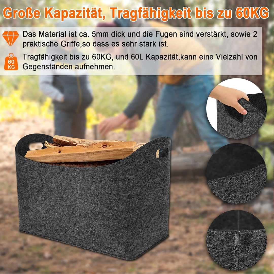 2 Stück Holzkorb für Kaminholz Faltbar Gross Kaminholztasche Kaminholzkorb Filzkorb Kaminholz mit Ve