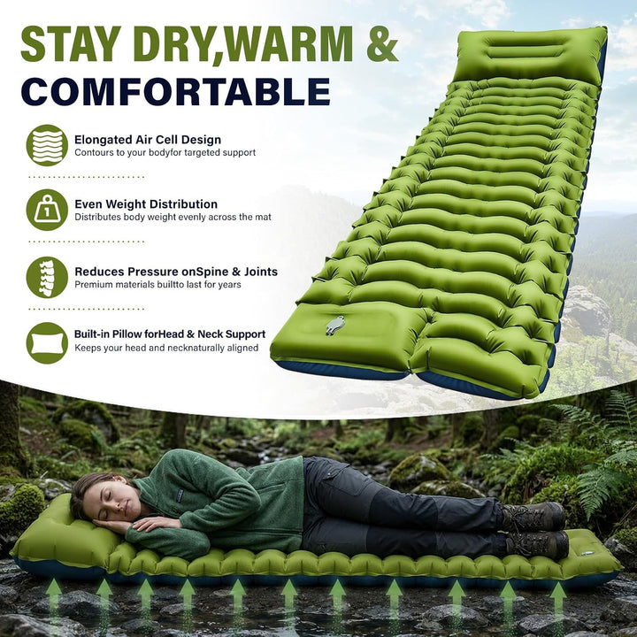 Isomatte Camping, 10CM Aufblasbare Matratze Kompakte, Ultraleicht Camping Luftmatratze mit Kissen &amp;
